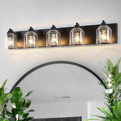 Vanity Lights for Bathroom Large 40", Farmhouse Rustic Vanity Light with Bubble Glass Shades, Black 5 Light Bathroom Lighting Fixtures Over Mirror, Bath Wall Sconce Home Decor
