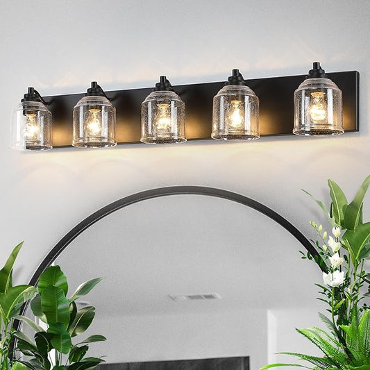 Vanity Lights for Bathroom Large 40", Farmhouse Rustic Vanity Light with Bubble Glass Shades, Black 5 Light Bathroom Lighting Fixtures Over Mirror, Bath Wall Sconce Home Decor