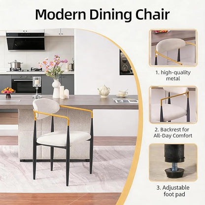 Modern Upholstered Accent Chair Set of 2 with Ergonomic Backrest,Gold Accented Armrests,Linen Fabric Seat,Black Metal Frame,Contemporary Seating for Dining Room,Kitchen Island (Beige,Dining Chair)
