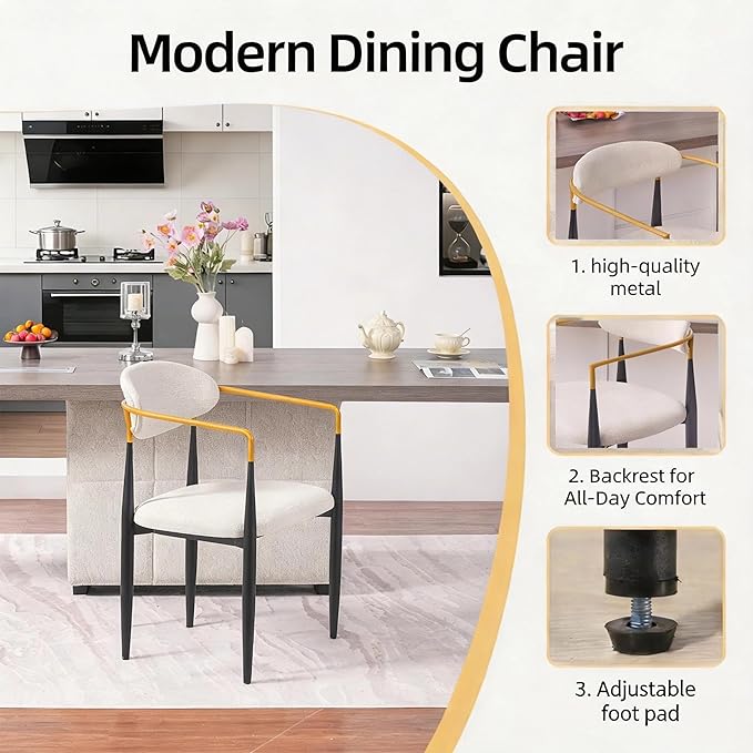 Modern Upholstered Accent Chair Set of 2 with Gold Accented Armrests, Ergonomic Barrel Back, Padded Fabric Seat, Metal Frame for Dining Room, Kitchen Island, Counter, Office (Beige,Dining Chair)