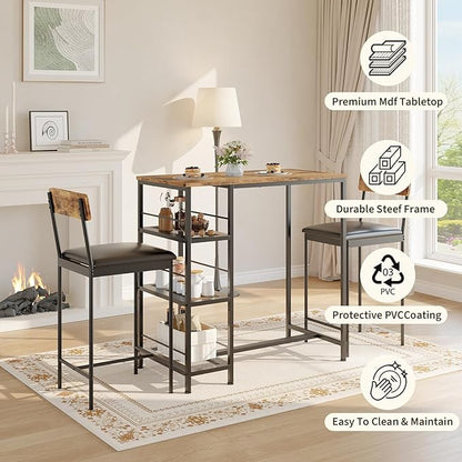 3-Piece Modern Dining Set, Dining Table Set with 2 Upholstered Bar Stools,Bar Table Set w/ Metal Frame&Built-in Wine Rack for Kitchen Dining Room Apartment Breakfast Nook 36"Lx 16.7"W x 37.2"H Retro