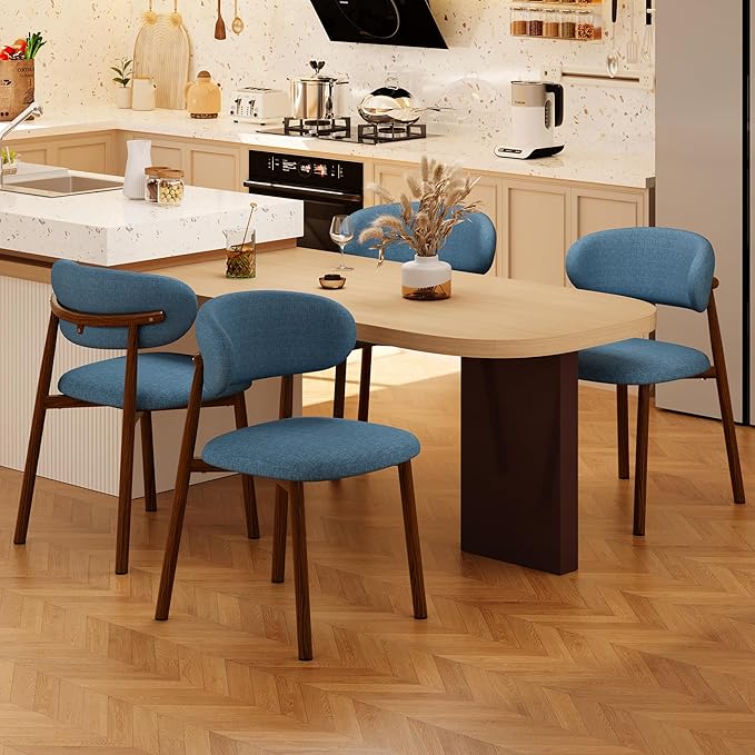 Kitchen Dining Chairs Set of 6 Modern Soft Linen Farmhouse Dining Room Chair, Blue/Walnut