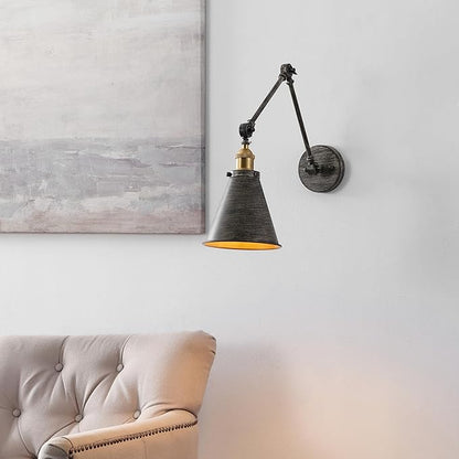 JONATHAN Y 7" Rustic Dark Gray/Brass Gold Classic Industrial Metal Adjustable Arm LED Wall Sconce for Bedside Reading, Farmhouse Swing Arm Wall Lamp with Metal Shade, Hardwired (JYL7462D)