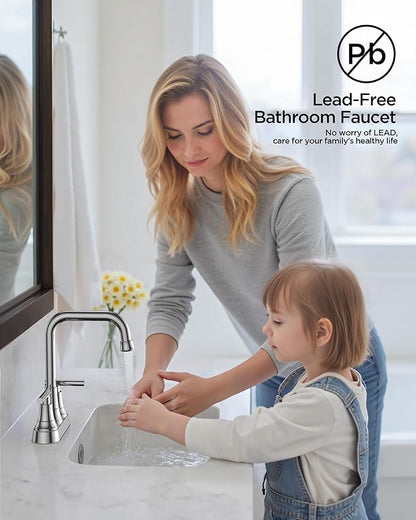FORIOUS Bathroom Faucets for Sink 3 Hole Chrome, 4 Inch Centerset Bathroom Sink Faucet 2 Handle with Pop-up Drain and Supply Hoses for Vanity RV Laundry Farmhouse