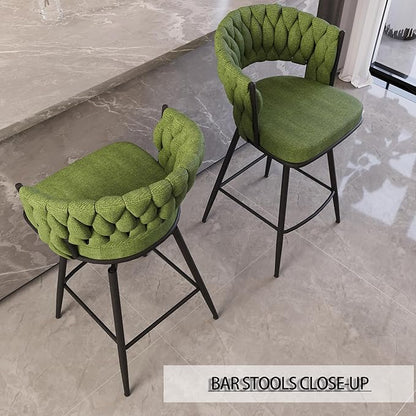 Modern Dining Chairs,Upholstered Linen Woven 360°Swivel Bar Island Chair & Black Footrest(Set of 2),Comfortable Curved Backrests Seat,Applicable to Kitchen,Living Room,Outdoor Lounge,Patio,Green