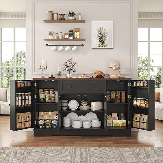 Buffet Cabinet with Storage, Modern Kitchen Buffet Sideboard with Drawer, Wood Coffee Bar Station with Charging Station, Wine Rack and Hooks, Wood Sideboard Buffet for Kitchen, Dining Room, Black