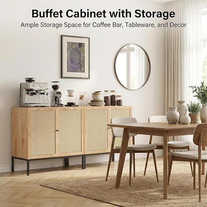 Yechen Set of 2 63" Sideboard Cabinet with Natural Rattan Doors, Buffet Console & Accent Cabinet, Rattan Credenza Storage with Metal Legs for Living Room, Kitchen, Dining Room
