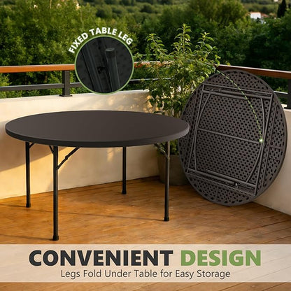 60" Folding Round Table, Plastic Dinner Table, Portable Folding Banquet Table for Living Room, Party or Outdoor Event, Black