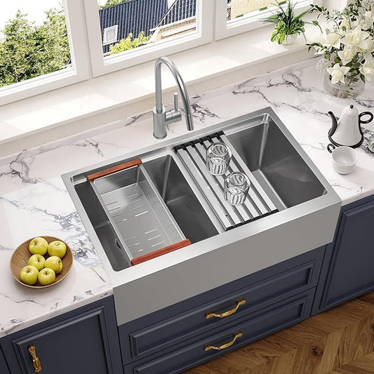 MILOSEN 28 Inch Farmhouse Kitchen Sink, 28''x22'' Drop-in Stainless Steel Workstation Apron Front Sink with Accessories, 50/50 Topmount Double Bowl Farm Sinks, 10'' Large and Deep Handmade Sinks