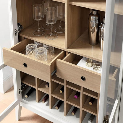 Modway Nolan Modern Farmhouse Arched Bar Cabinet in Ivory Wood Grain - 72 Inch Tall Wine Storage Cabinet with Glass Doors and Wine Rack - Large Liquor Cabinet for Dining or Living Room