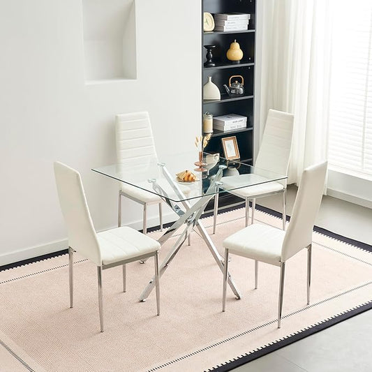 Square Glass Dining Table,Glass Dining Room Table with Metal Legs, Modern Glass Kitchen Table for Home, Kitchen, Dining Room