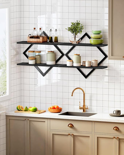 CHOEZON Floating Shelves, Set of 2 Wall Shelves, 2-Tier Hanging Shelves, Wall Shelf Set of 2, Wall Mounted Shelves, for Living Room, Bedroom, Kitchen, Office, Study, Black TBJ01P2BB
