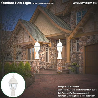 LIT-PaTH Outdoor Post Lighting Fixture Pole Lantern, E26 Medium Base Max 60W, Aluminum Housing Plus Clear Glass, Bulb Not Included, Matte White Finish, 2-Pack