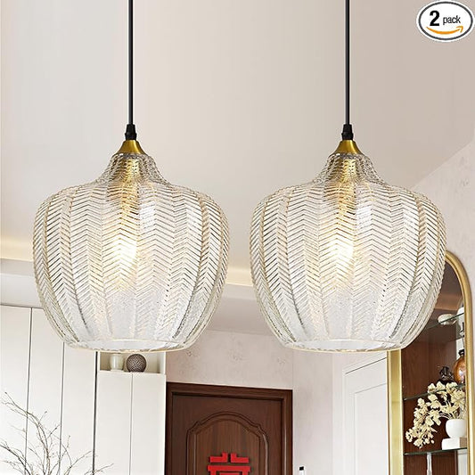 Modern Gold Pendant Light 2 Pack, Clear Glass Kitchen Island Pendant Light Fixture Adjustable Vintage Hanging Ceiling Light for Dining Room Corridor Bedroom 9.45 inch, UL Certification
