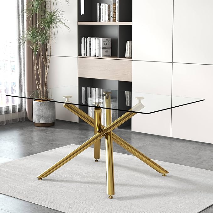 71” Glass Dining Table, Large Dining Table for 6–8 People with 0.4" Thick Tempered Glass Top, Modern Kitchen Table with Gold Metal Leg for Kitchen Dining Room