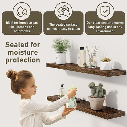 Fun Memories 32 Inch Floating Shelves Wall Shelf Set of 3, Rustic Farmhouse Home Decor Kitchen Living Room Shelves Wall Mounted, 32 x 6.7 x 1.4 Inch, Rustic Brown