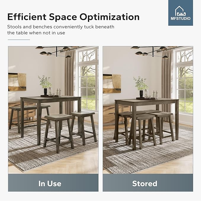 MFSTUDIO Dining Table Set for 4, Counter Height Table and Chairs, Kitchen Table Set with Bench, Breakfast Bar Table and Chairs Set Space Saving, Smoky Brown