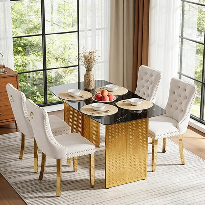 51" Black Marble Dining Table, 4-6 Person Modern Kitchen Dining Room Tables with Marble Pattern Tempered Glass Top and Golden Hollow-Out Metal Base, Space Saving Rectangle Dinner Table for Home
