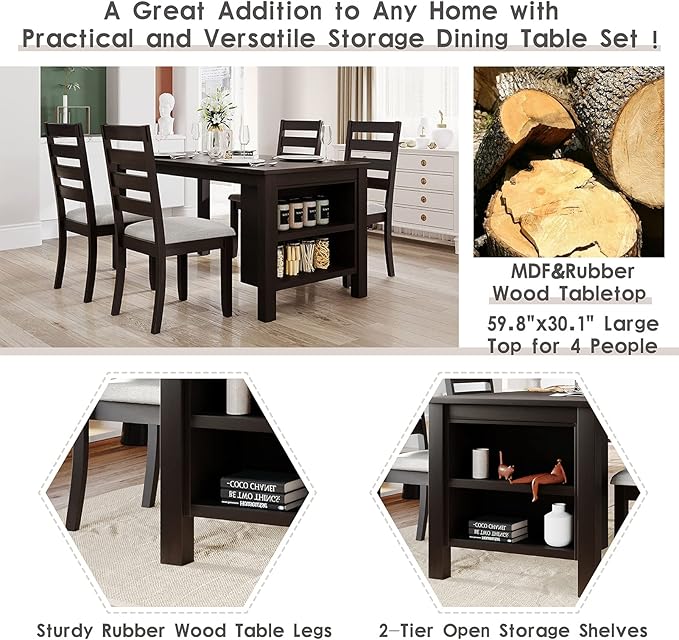 Farmhouse Wood Dining Table Set, Kitchen Table Set for 4, Kitchen Island Set with 2 Tier Storage Shelves Compact Kitchen Dining Room Set with 4 Padded Dining Chairs, for Dining Room, Kitchen