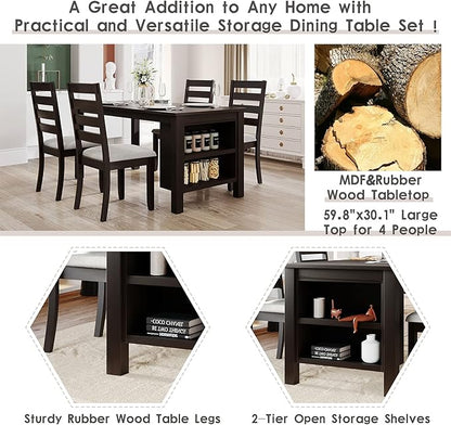 Farmhouse Wood Dining Table Set, Kitchen Table Set for 4, Kitchen Island Set with 2 Tier Storage Shelves Compact Kitchen Dining Room Set with 4 Padded Dining Chairs, for Dining Room, Kitchen