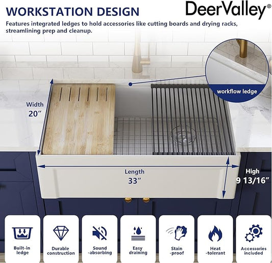 DeerValley 33" L x 20" W White Farmhouse Workstation Sink, Reversible Fireclay Deep Single Bowl Apron Front Kitchen Sink, Undermount Farm Sink with Ledge and Accessories