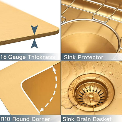 Gold Drop In Kitchen Sink 25” X 22”, 25 Inch Top Mount 16 Guage T-304S Stainless Steel Kitchen Sinks, 10 Inch Deep Single Bowl laundry Sink with Accessories