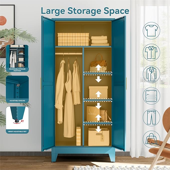 Metal Combination Cabinet, Utility Storage Cabinet with 4 Shelves, Farmhouse Pantry Closet with Doors, 71" Tall Storage Cabinets with Hanging Rod and Clothing Shelf for Hallway Laundry Mudroom