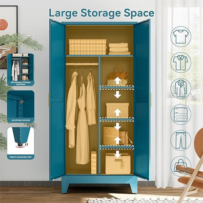 Metal Combination Cabinet, Utility Storage Cabinet with 4 Shelves, Farmhouse Pantry Closet with Doors, 71" Tall Storage Cabinets with Hanging Rod and Clothing Shelf for Hallway Laundry Mudroom