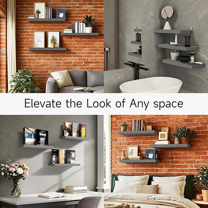 BAYKA Grey Floating Shelves for Wall 22.5 inch, Wall Mounted Shelf for Bedroom, Living Room, Kitchen – Wood with Hidden Metal Brackets, 22LBS Capacity, 6.7” Deep – Storage for Books, Plants, Decor