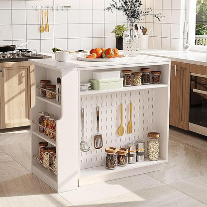 Modern Expandable Dining Table with Open Storage Shelf, Kitchen Island with Sliding Doors, Buffet Cabinet with Aluminum Alloy Handles (White)