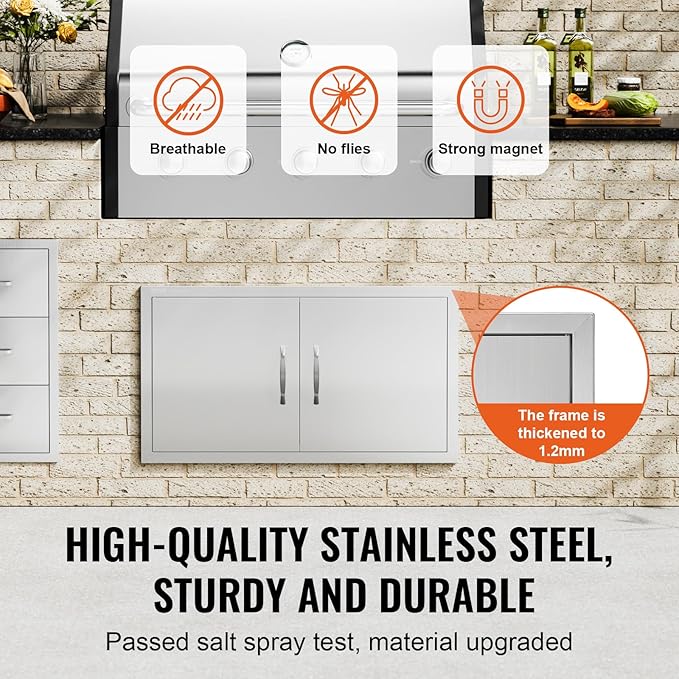 VEVOR Double BBQ Access Door, 34W x 19H Inch Stainless Steel Flush Mount Vertical Wall Door with Handles for BBQ Island, Grilling Station, Outside Cabinet