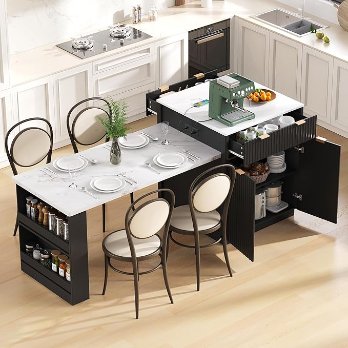 JIJIWANG 82.6" Fluted Kitchen Island with Extendable Dining Table for 4-6, Island Table for Kitchen with Power Outlet, Kitchen Table with Double-Side Storage, 2 Drawers 2 Side Open Shelves, Black