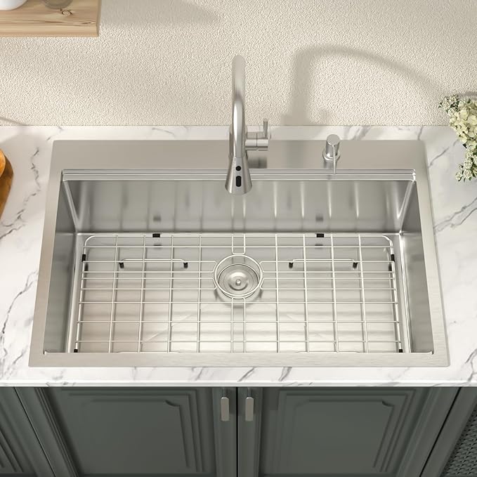 Lordear 33x22 Inch Drop In Kitchen Sink With Faucet - 33 Kitchen Sink With Faucet Combo Workstation 16 Gauge Stainless Steel Single Bowl Topmount Basin with All Accessories, 33x22x10 Inch