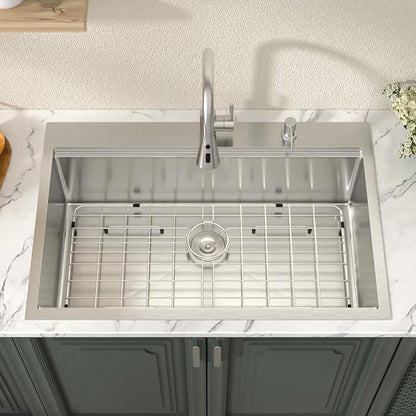 Lordear 33x22 Inch Drop In Kitchen Sink With Faucet - 33 Kitchen Sink With Faucet Combo Workstation 16 Gauge Stainless Steel Single Bowl Topmount Basin with All Accessories, 33x22x10 Inch