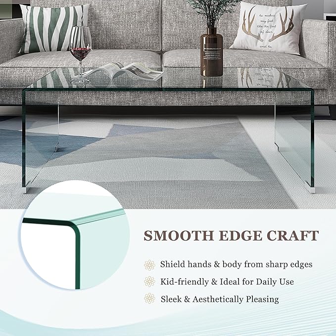 Modern 39.4" Tempered Glass Coffee Table, 12mm Ultra-Thick Waterfall Clear Center Table for Living Room, Minimalist Rectangle Coffee Table for Small Spaces, No Assembly Required