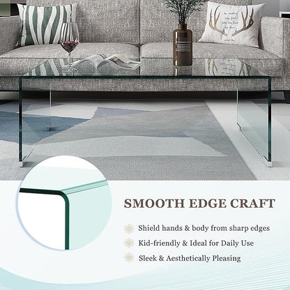 Modern 39.4" Tempered Glass Coffee Table, 12mm Ultra-Thick Waterfall Clear Center Table for Living Room, Minimalist Rectangle Coffee Table for Small Spaces, No Assembly Required