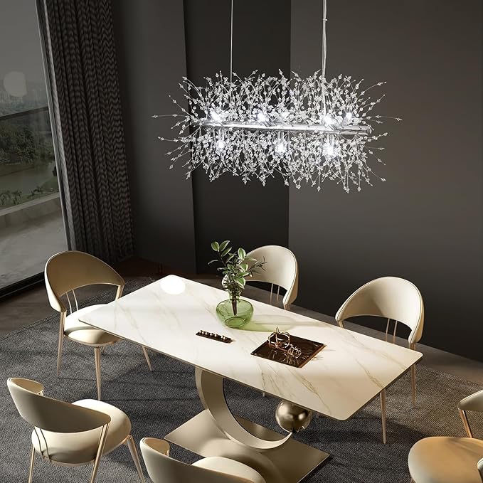 Modern Crystal Chandeliers Firework, 9-Light Chrome Rectangle Linear Dandelion Dining Room Chandelier, Mid Century Sputnik Firework Ceiling Light Fixture for Living Room Kitchen Island Store (L 28.8")