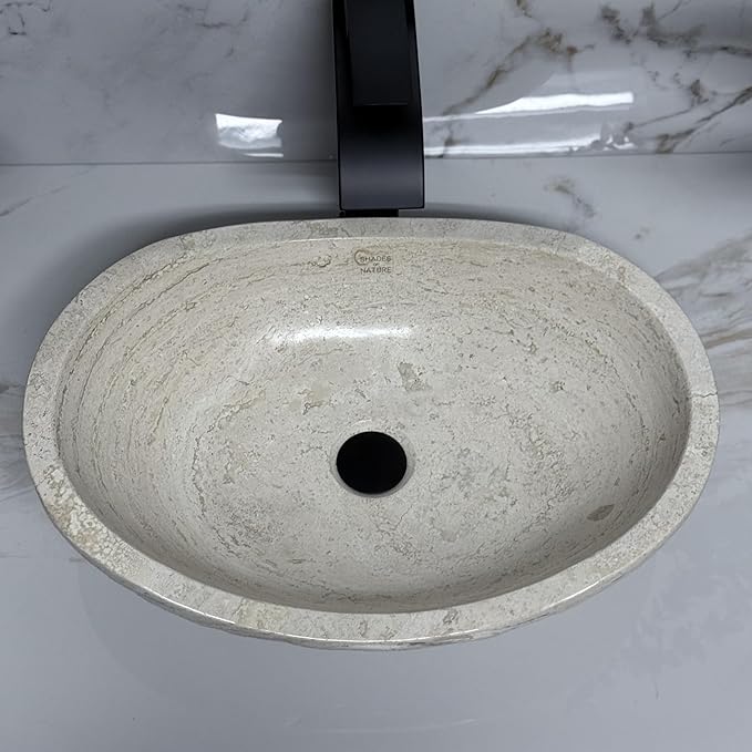 Shades of Nature Oval Travertine Vessel Sink – Natural Stone Wash Basin, Hand-Carved Bathroom Sink with Chiseled Exterior & Polished Interior, Above Counter Vanity Basin (Includes Matching Soap Tray)