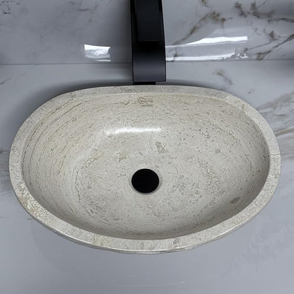 Shades of Nature Oval Travertine Vessel Sink – Natural Stone Wash Basin, Hand-Carved Bathroom Sink with Chiseled Exterior & Polished Interior, Above Counter Vanity Basin (Includes Matching Soap Tray)
