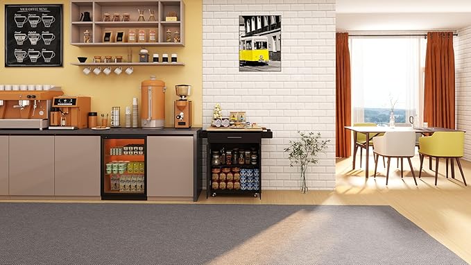 Modern Dining Table Kitchen Island Rolling Trolley Cart with Shelves, Drawer, Doors, Towel Rack & Seasoning Rack - Rubber Wood Table Top for Dining Room,Black-MDF