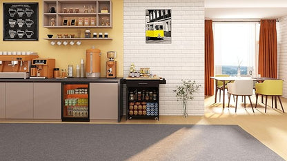 Modern Dining Table Kitchen Island Rolling Trolley Cart with Shelves, Drawer, Doors, Towel Rack & Seasoning Rack - Rubber Wood Table Top for Dining Room,Black-MDF