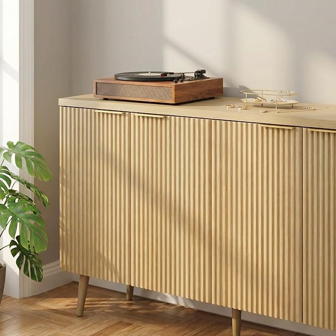 Natual Oak 47.2" Modern Fluted Wood Sideboard – 4-Door Buffet Cabinet with Adjustable Shelves, Multi-Space Storage Credenza for Living Room, Dining Room & Entryway