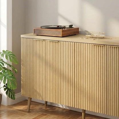Natual Oak 47.2" Modern Fluted Wood Sideboard – 4-Door Buffet Cabinet with Adjustable Shelves, Multi-Space Storage Credenza for Living Room, Dining Room & Entryway