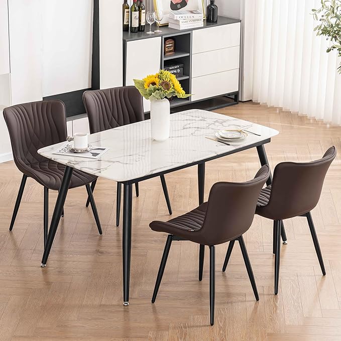Kidol & Shellder Dining Chairs Set of 2, Mid Century Modern Kitchen Chairs with Black Metel Legs, PU Leather Upholstered Side Chair for Dining Room, Living Room, Lounge, Restaurant, Brown