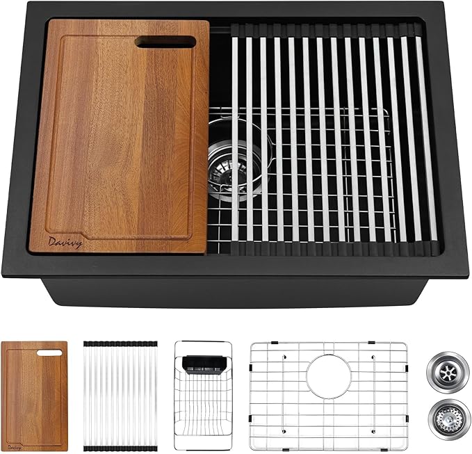 Davivy 24 Inch Black Granite Composite Kitchen Sink Workstation, 24 x 18 Black Undermount/Drop In Kitchen Sink, Deep Quartz Single Bowl with Accessories