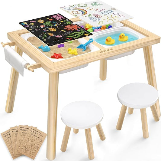 Easyego Toddler Sensory Table & Chair Set – Educational Kids Table for Sand and Water Play with Foldable Storage Bins, Ideal Gift for Children - Wood Color