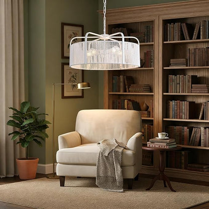 24” Rattan Chandelier, 5-Light Large Hand Woven Boho Chandelier with Fabric Shade, Farmhouse Light Fixtures for Dining Room & Kitchen Island (White, 24")