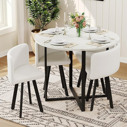 Round Dining Table Set for 4, Round Dining Room Table Set for 4 with Metal Leg and 4 Chair, Small Dining Table Set for 4, Kitchen Island with Seating for Small Spaces