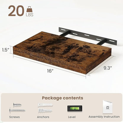 Vivelove Floating Shelves for Wall Mounted, 16 Inch Bathroom Shelves, Display Shelf for Living Room Kitchen Bedroom Office Farmhouse Home Decor, 16" X 9.3" X 1.5" - Set of 2, Rustic Brown