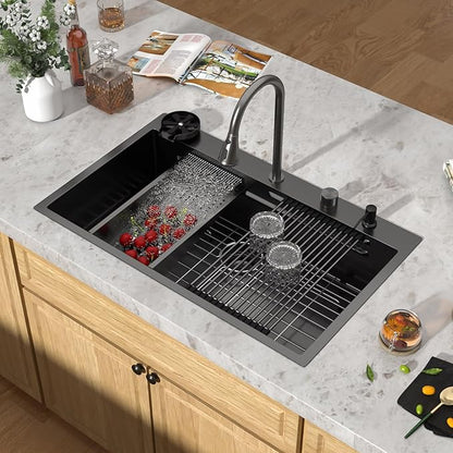36 Inch Black Drop In Kitchen Sink with Faucet Waterfall 16 Gauge Stainless Steel Workstation All-In One Single Bowl 3-Holes Sink with Cup Washer, Soap Dispenser, Gunmetal Black #TLWF-0032